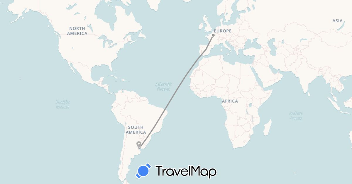 TravelMap itinerary: driving, plane in Argentina, Spain, France (Europe, South America)